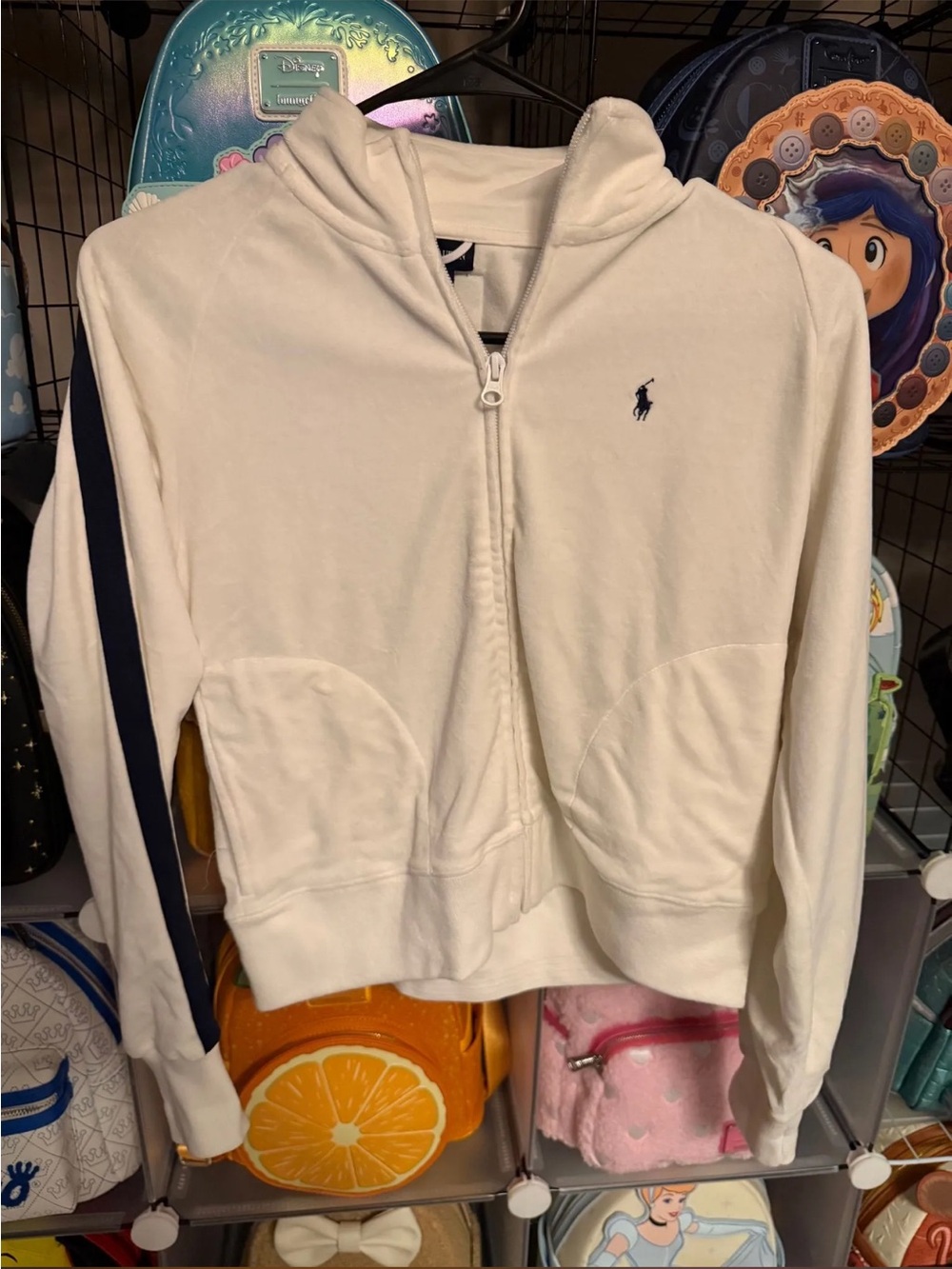Ralph Lauren Cream Hooded Zip Sweater with Navy Sleeve Stripe